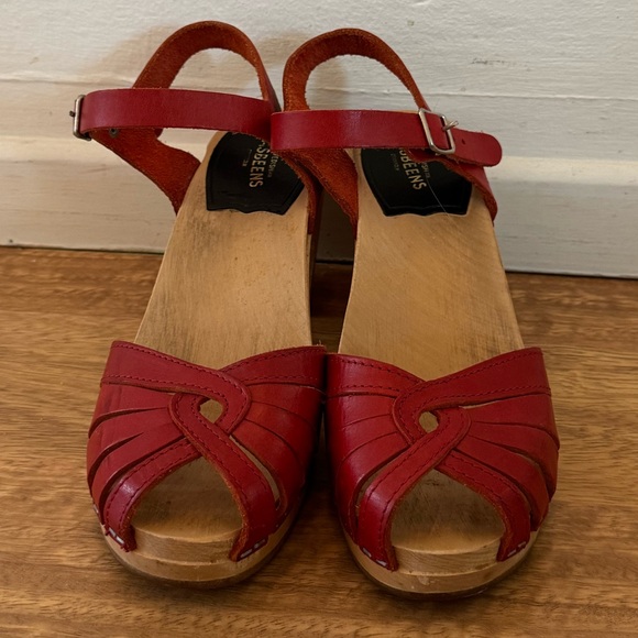 Swedish Hasbeens Fredrica Leather Platform Heeled Clog Sandals - Picture 2 of 4